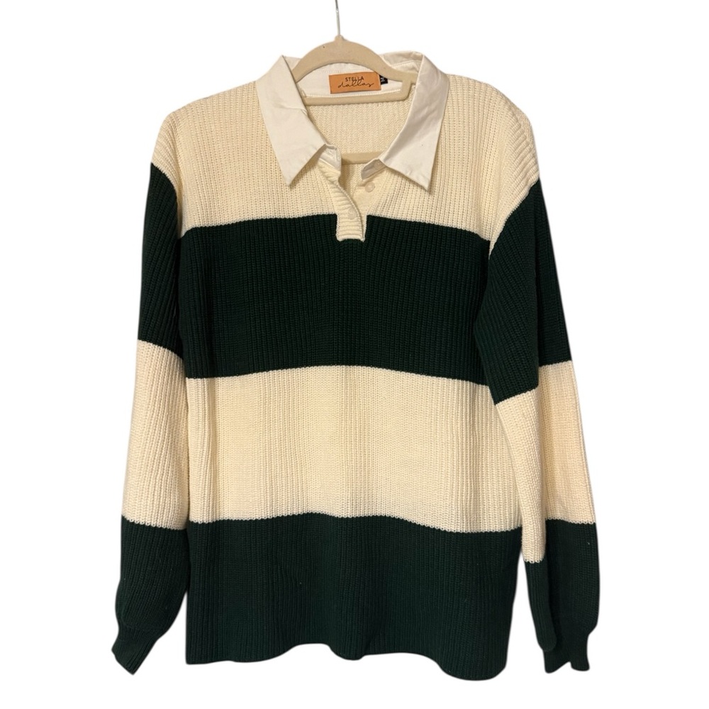 Striped Rugby Knit Polo in Cream and Green